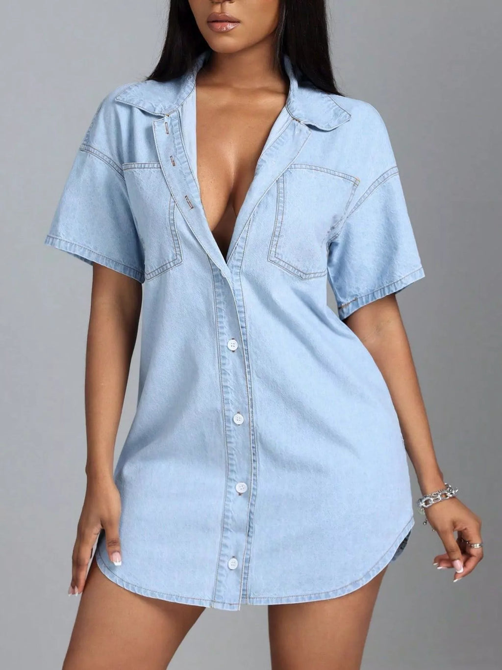 Women's Light Button-Down Short Sleeve Denim Dress - Light
