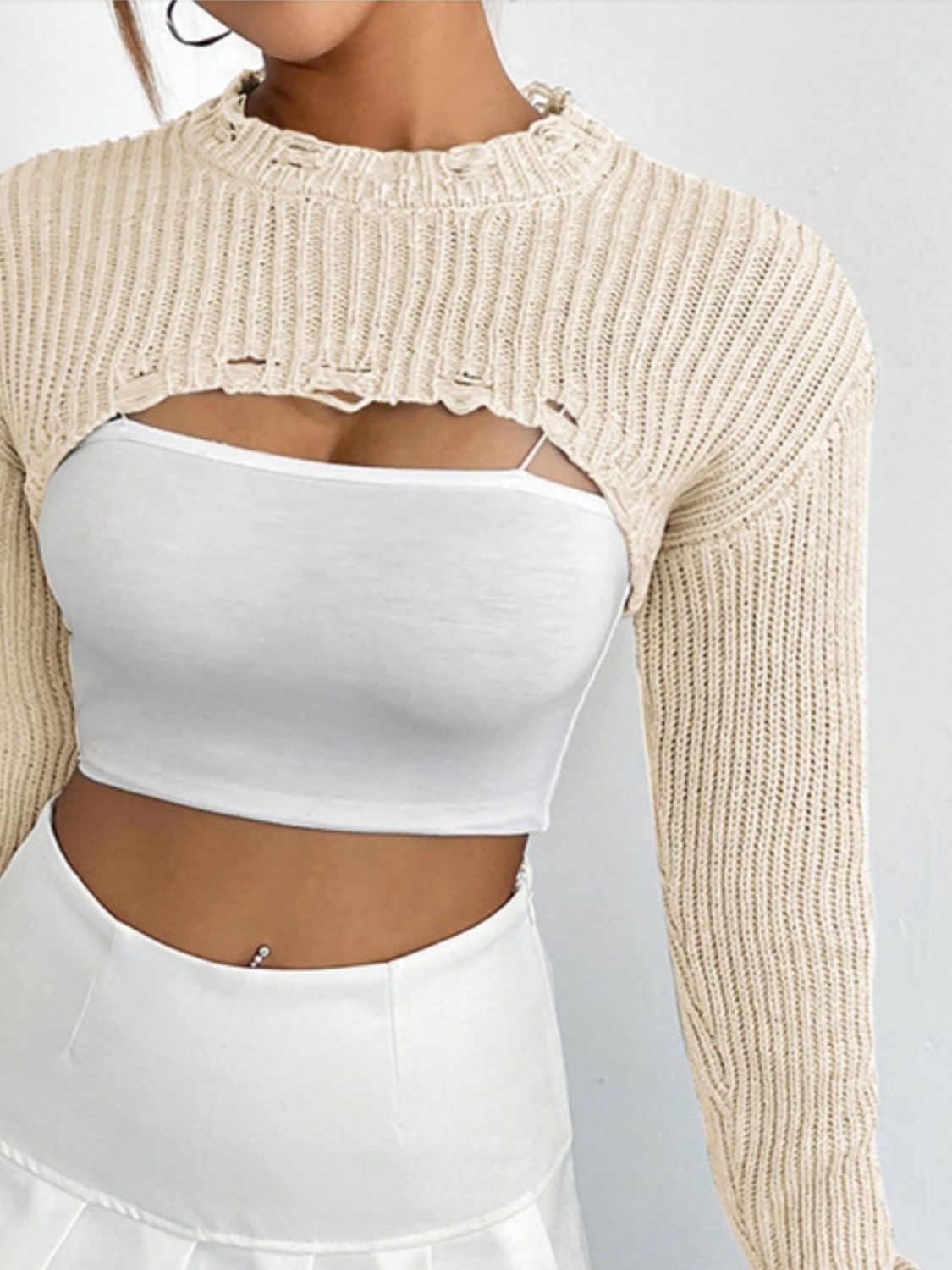 Women's Distressed Long Sleeve Cropped Sweater