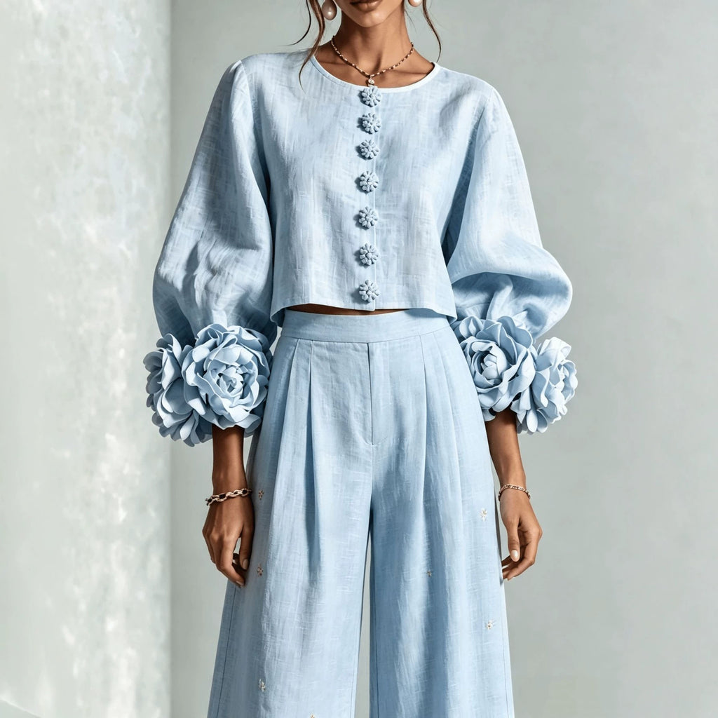 French-style Three-dimensional Floral Lantern-sleeve Top And Pants Set
