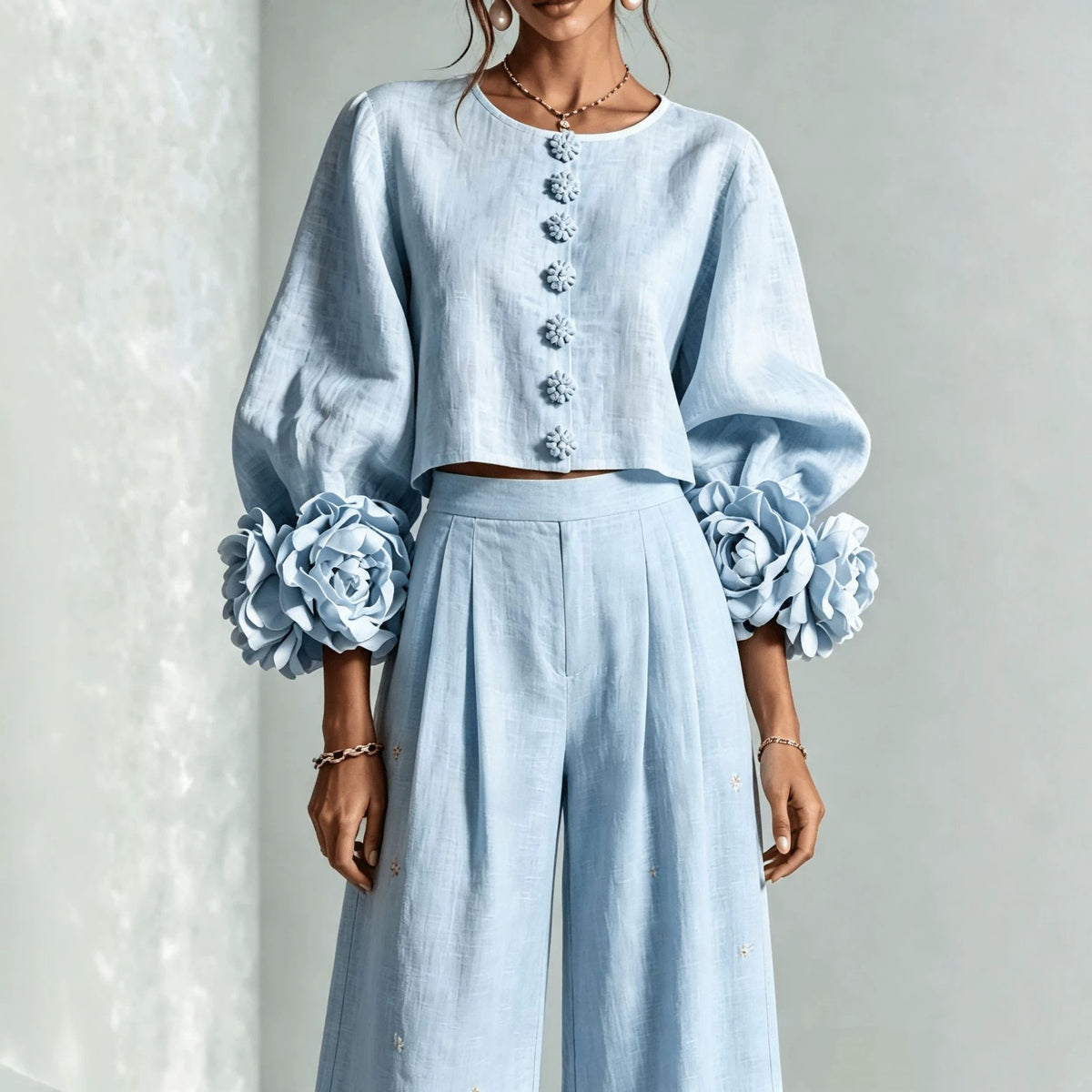 French-style Three-dimensional Floral Lantern-sleeve Top And Pants Set