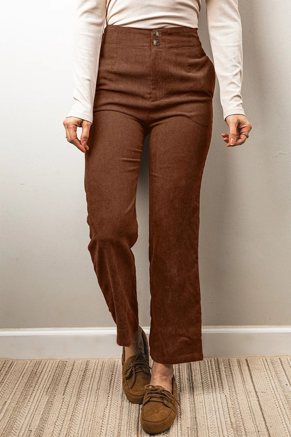 Women's Dark Brown Elastic Waist Straight Leg Ankle Length Corduroy Pants - Dark Brown