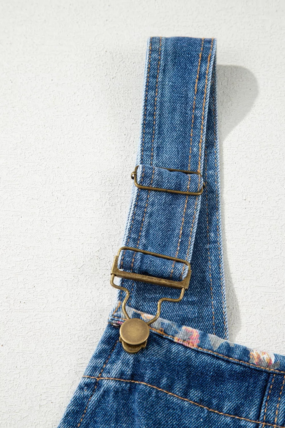 Women's Dusty Blue Vintage Rose Printed Pleated Loose Denim Overall - Dusty Blue