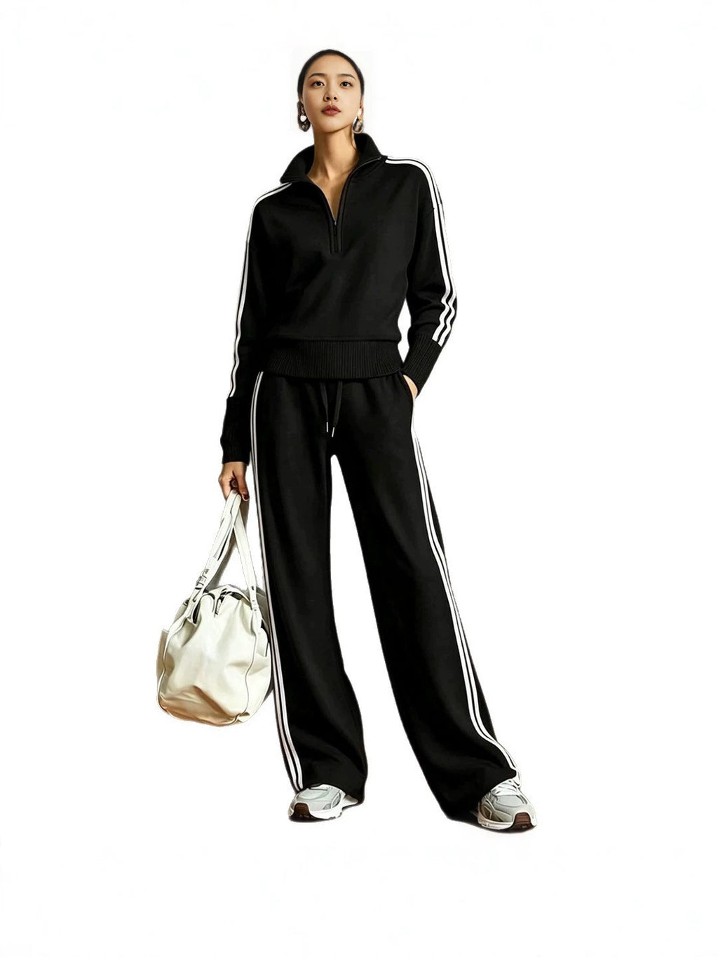 Women's 2 Piece Tracksuit Set, Half Zip Stand Collar Striped Long Sleeve Sweatshirt And Drawstring Wide Leg Pants Casual Outfit