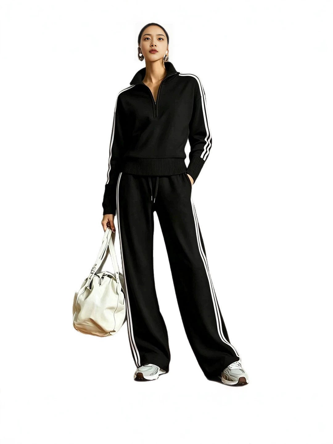 Women's 2 Piece Tracksuit Set, Half Zip Stand Collar Striped Long Sleeve Sweatshirt And Drawstring Wide Leg Pants Casual Outfit