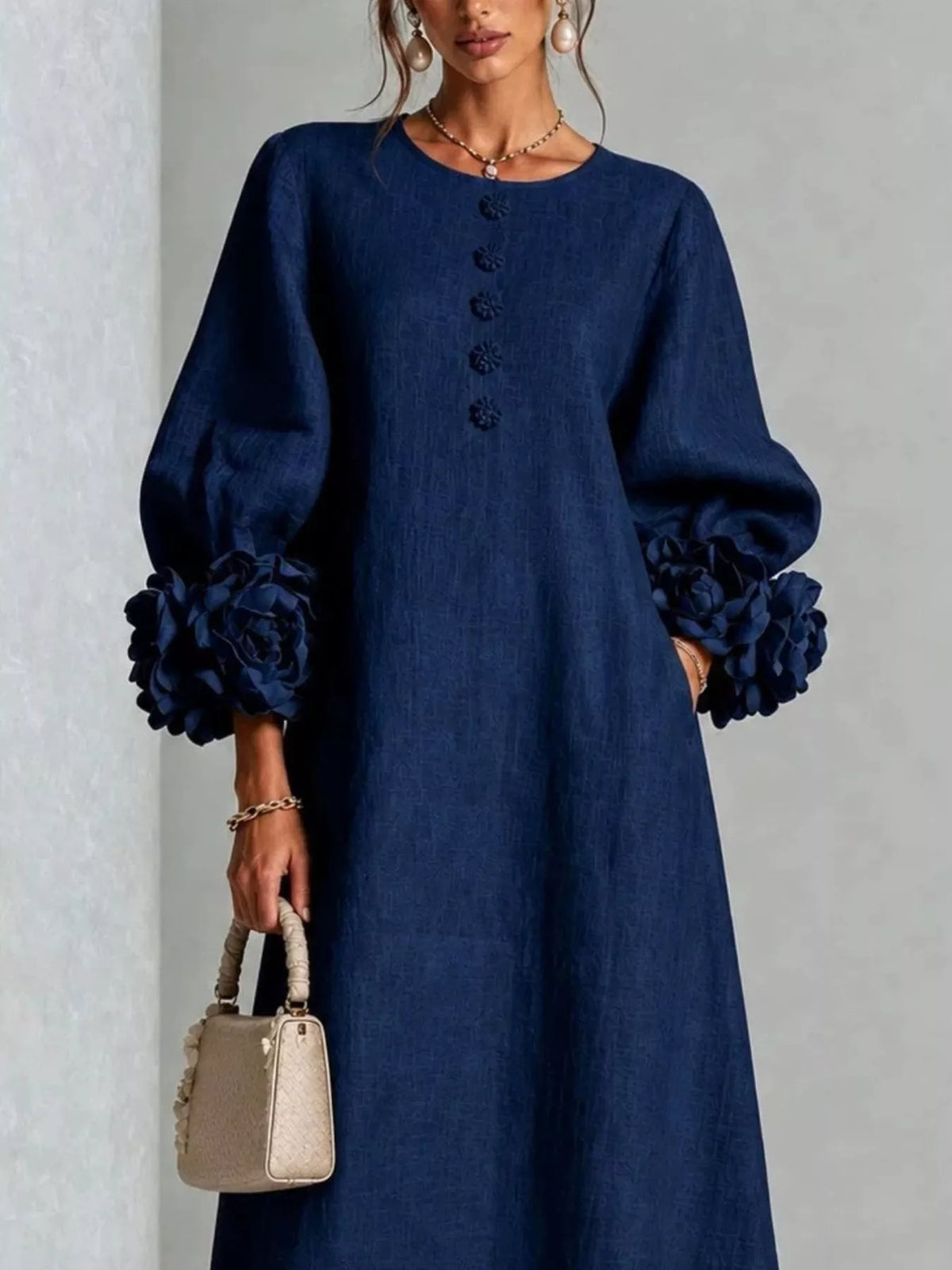 Women's 3D Floral Round Neck Midi Dress