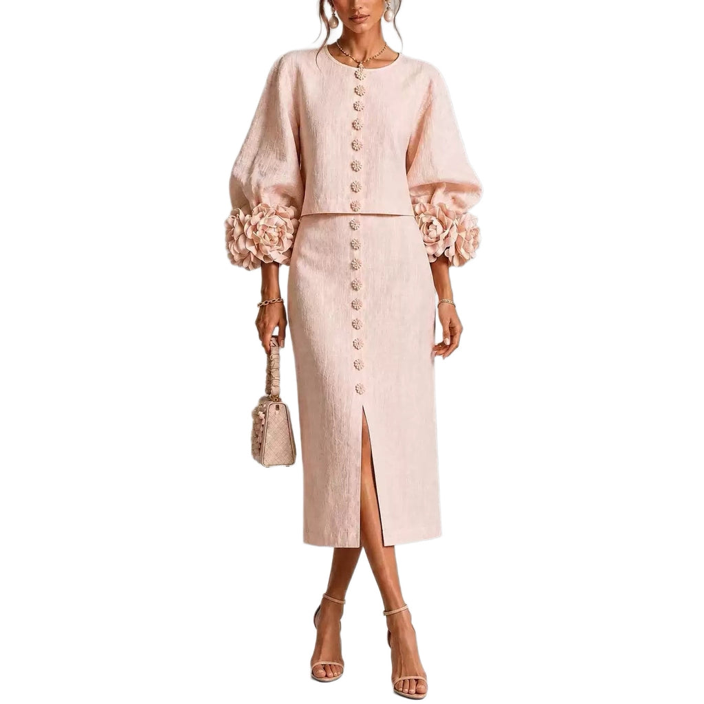 Puff-sleeved Dress With Floral Embellishments