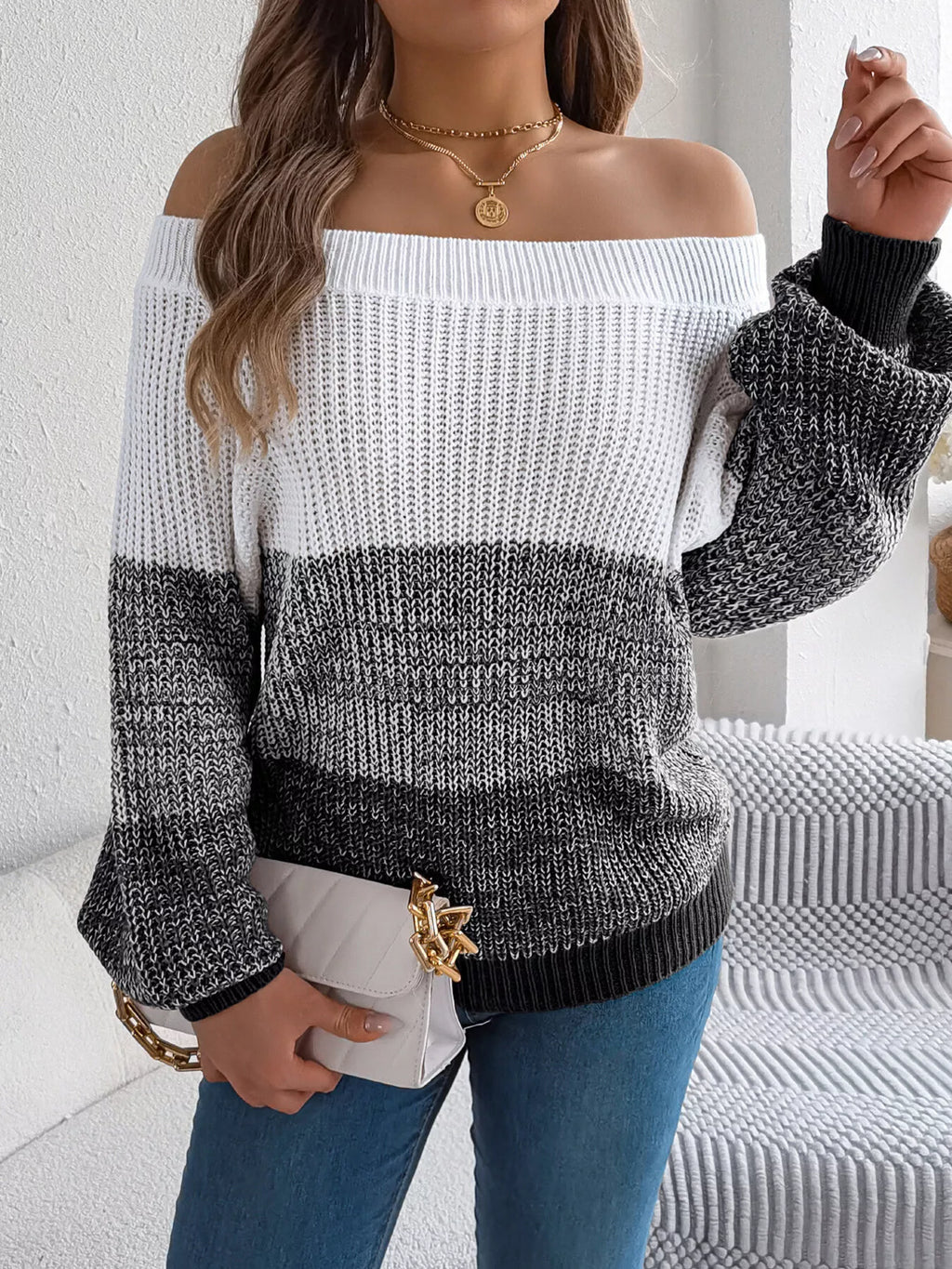 Women's Off-Shoulder Color Block Sweater - Black