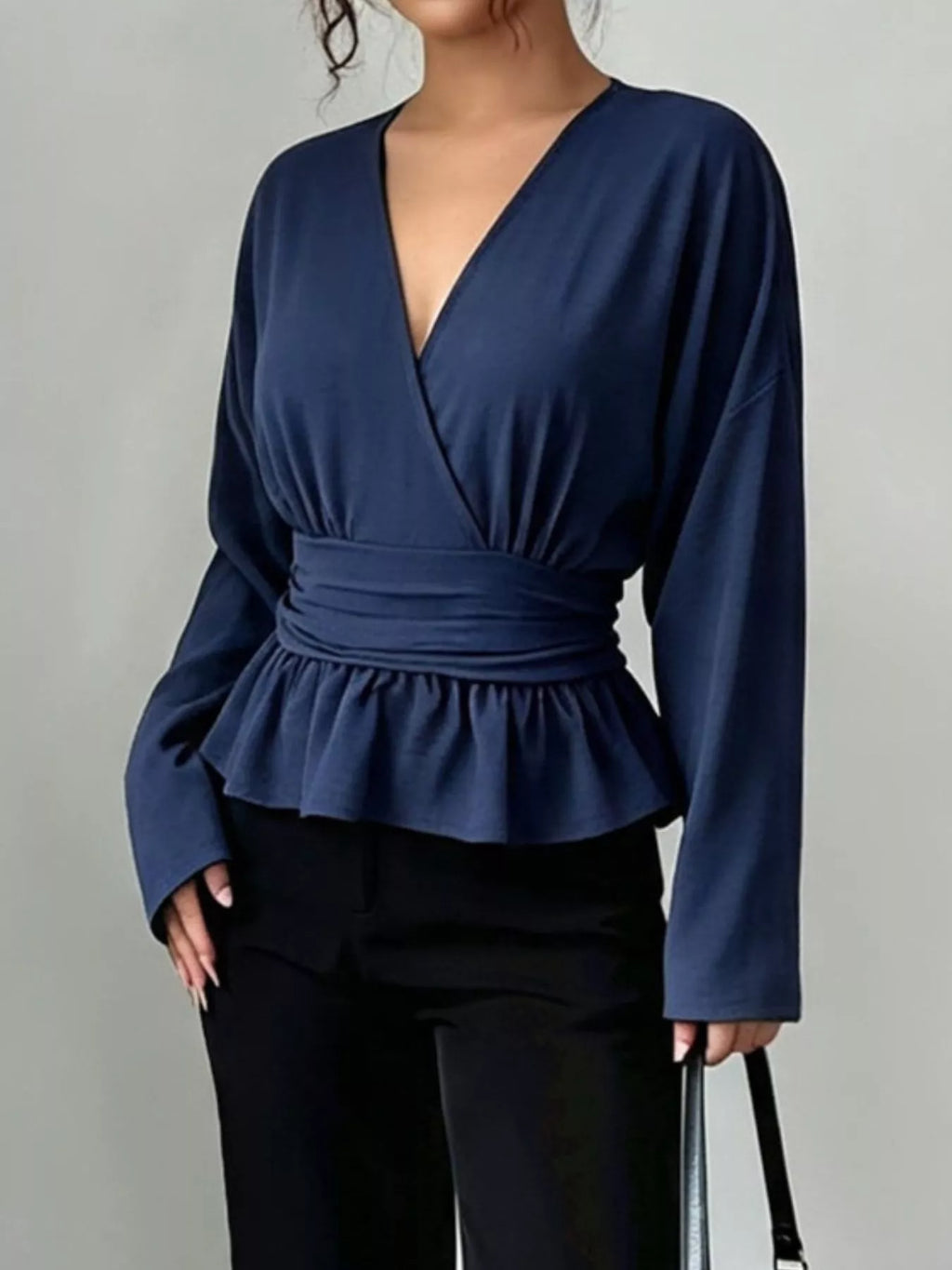 Women's Dark Blue Surplice Long Sleeve Wrap Blouse - Dark Blue