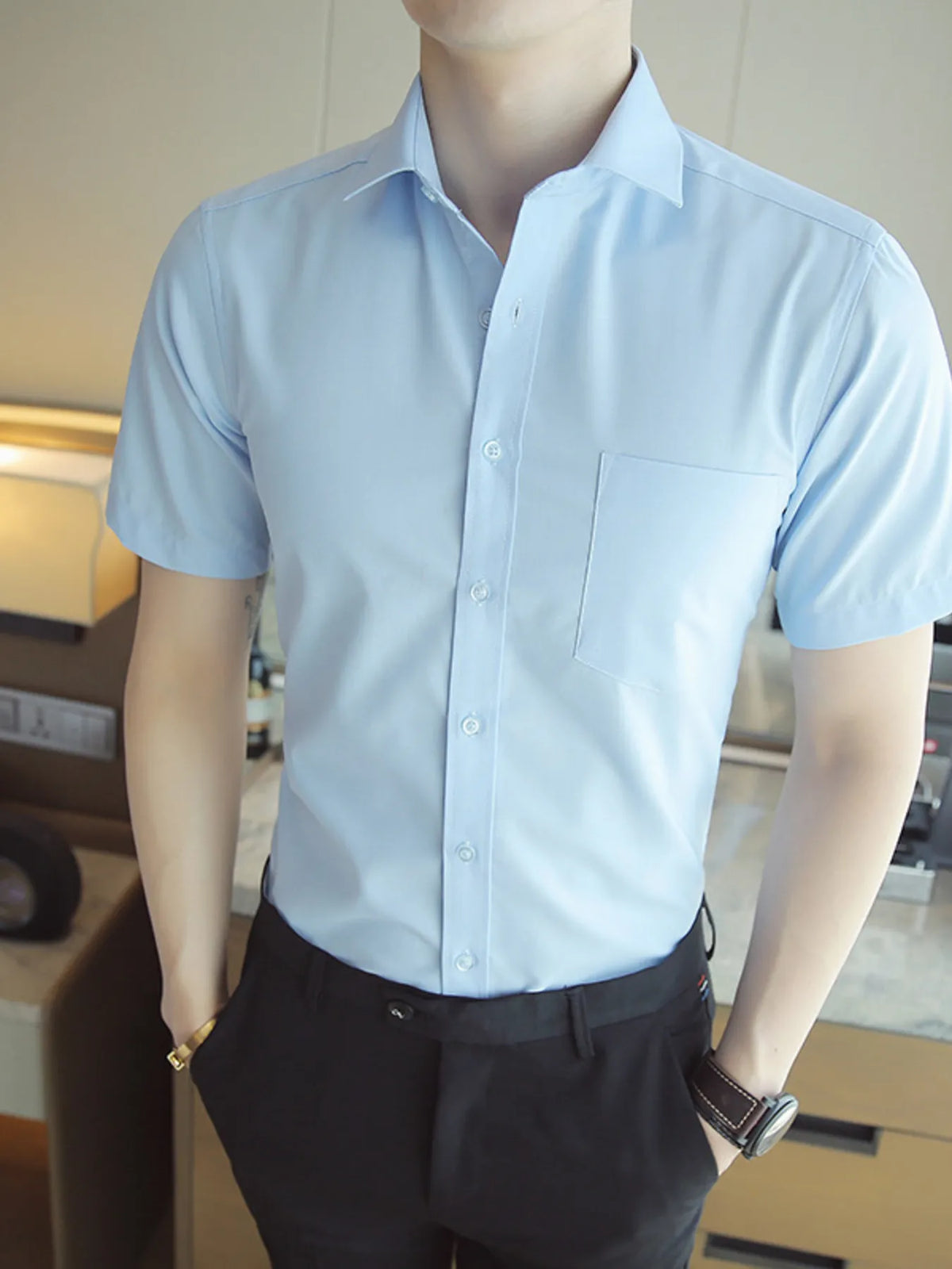 Men's Short Sleeve Solid Color Slim Fit Casual Shirt