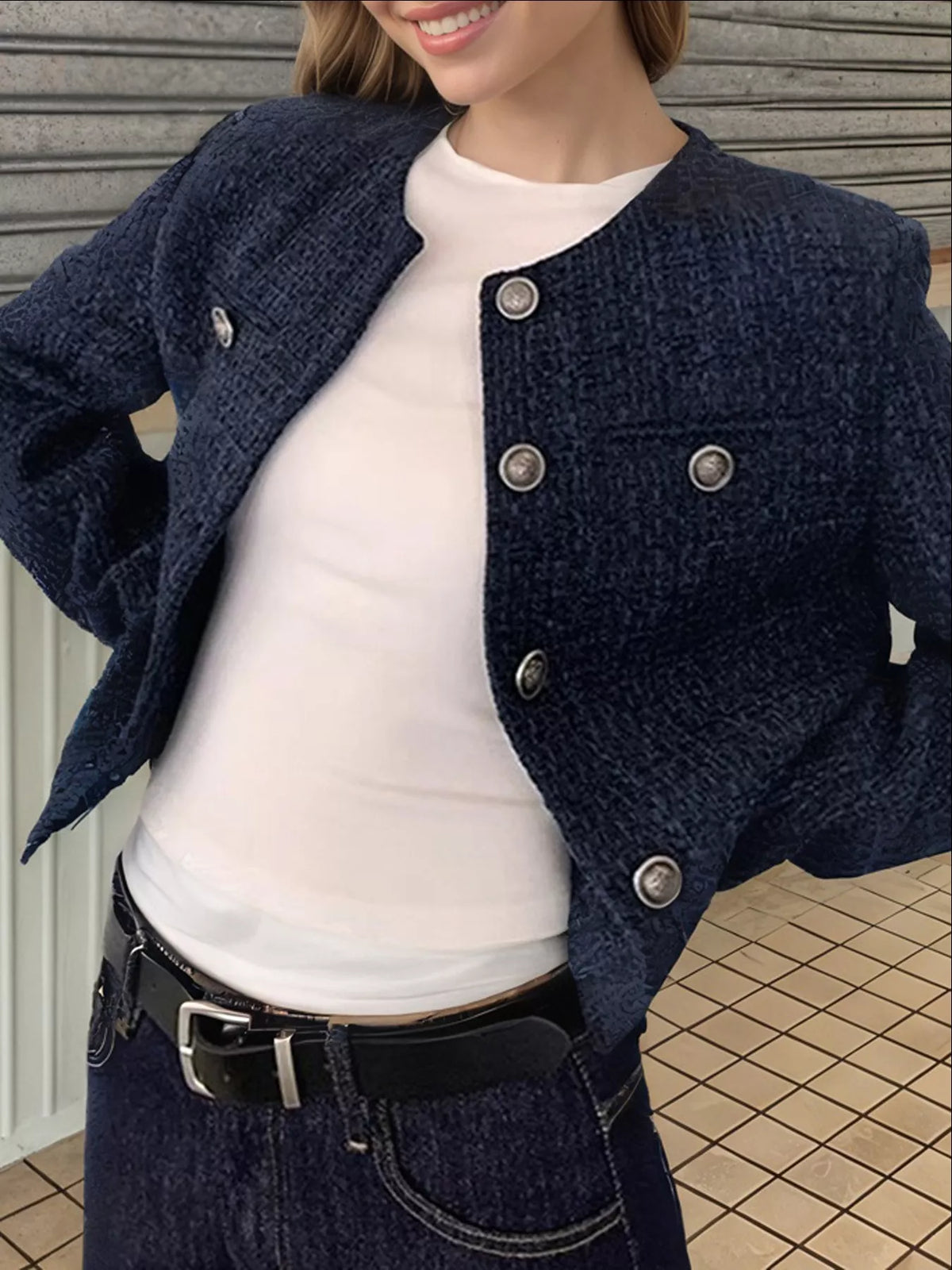 Women's Blue Tweed Metallic Buttons Cropped Outerwear - Blue