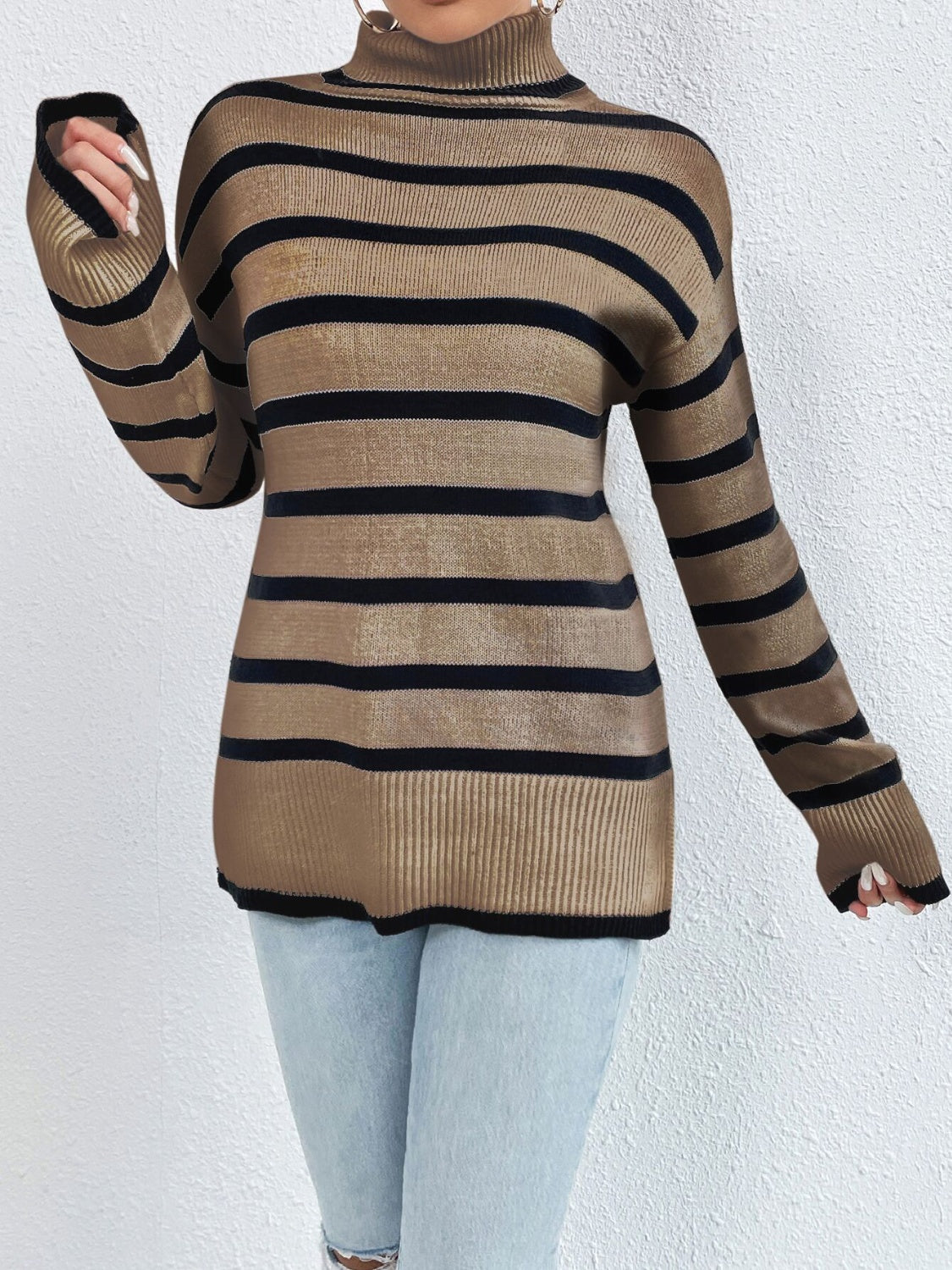 Women's Striped Turtleneck Drop Shoulder Sweater