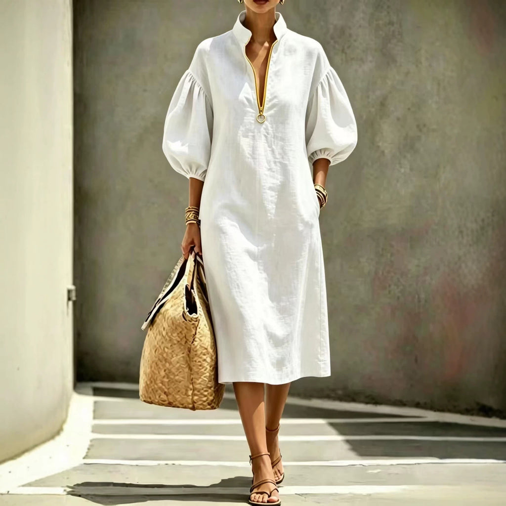 Summer New Women's Casual Loose Stand-Up Collar Puff Sleeve Half-Zip Women's Dress