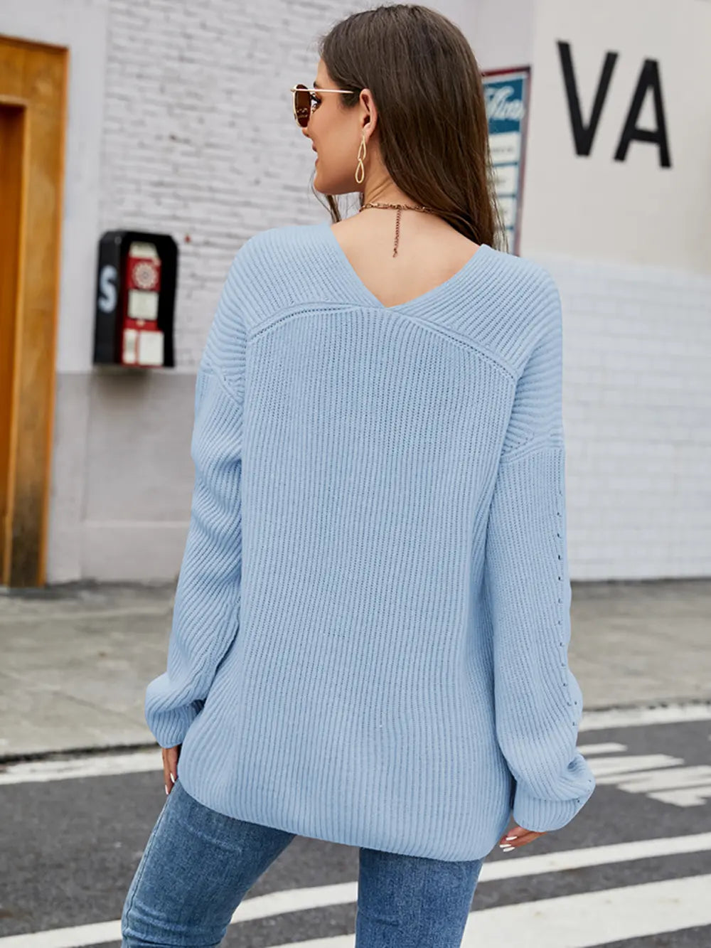 Women's Openwork Dropped Shoulder Long Sleeve Sweater