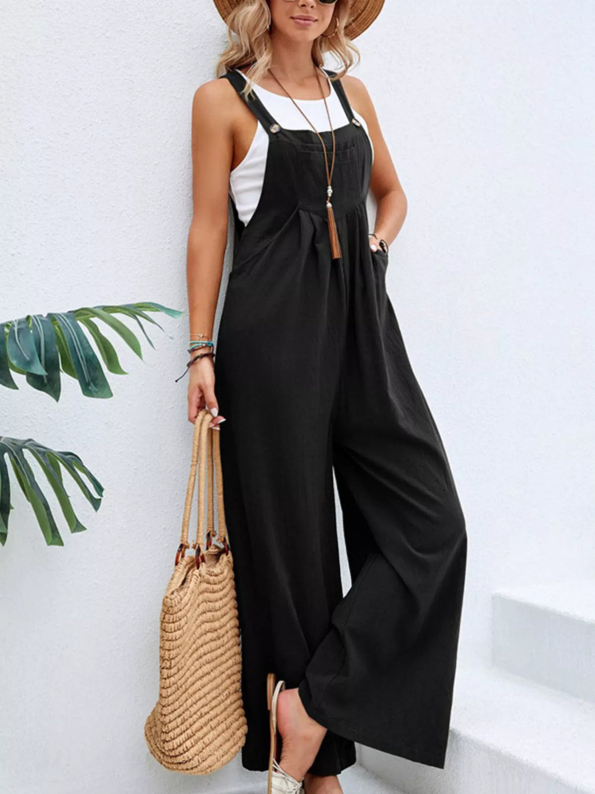Full Size Casual Wide-Leg Overalls with Pockets Plus Size