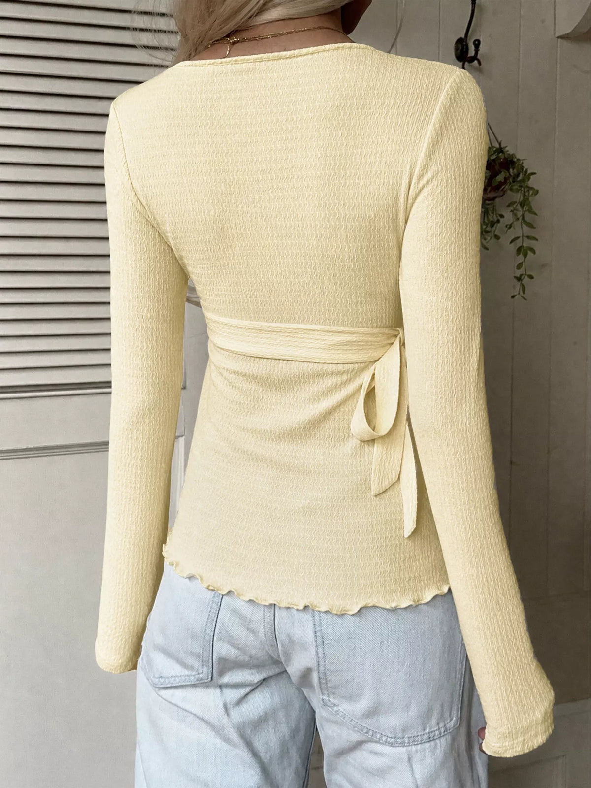 Women's Apricot Long Sleeve Wrap T-Shirt with Side Tie Detail - Apricot