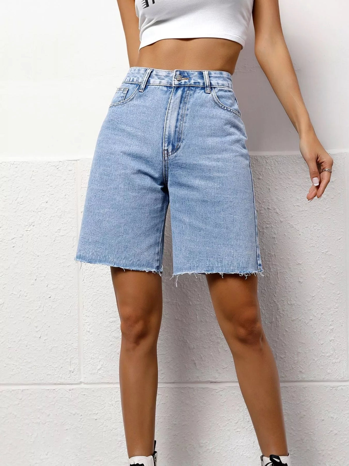 Women's Blue High Waist Denim Shorts - Blue