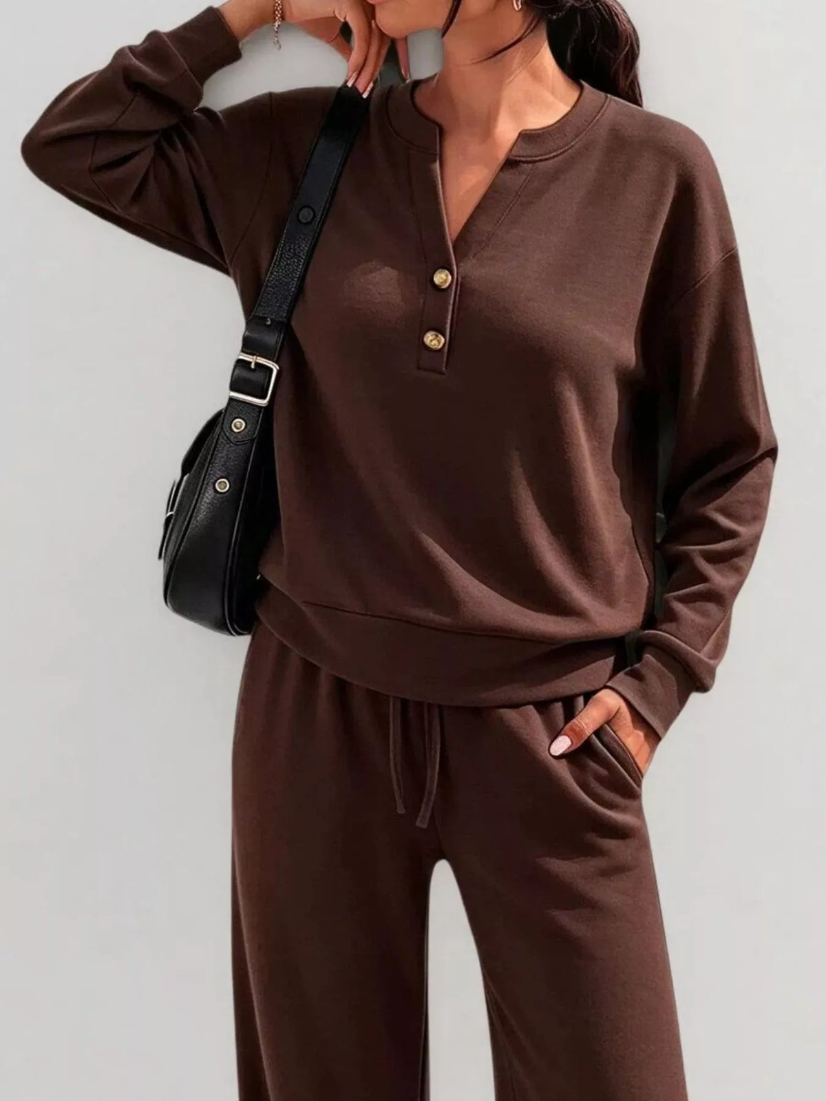 Women's Button Detail Dropped Shoulder Top and Pants Set