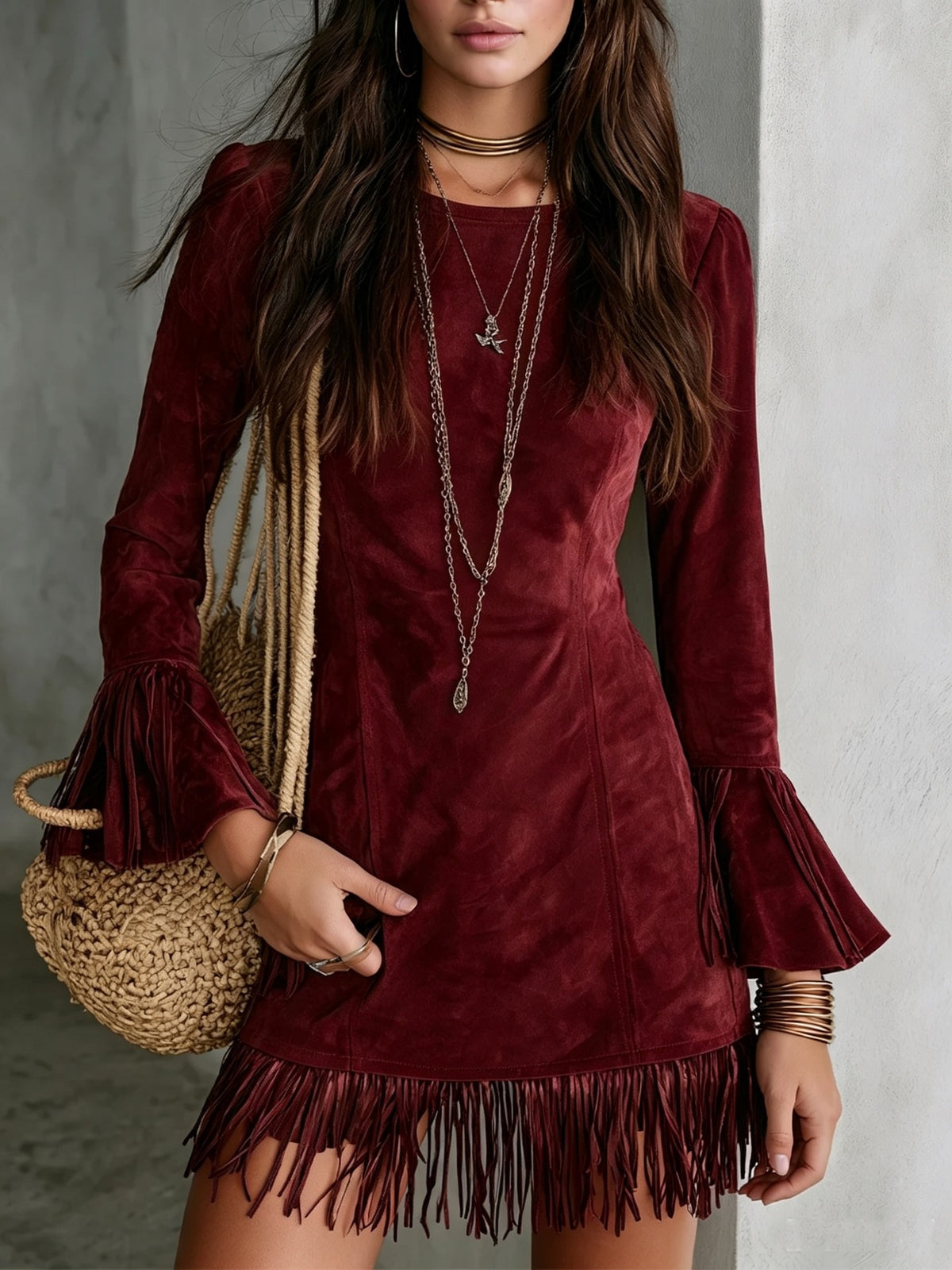 Women's Faux Suede Tassel Slim-fit Long Dress