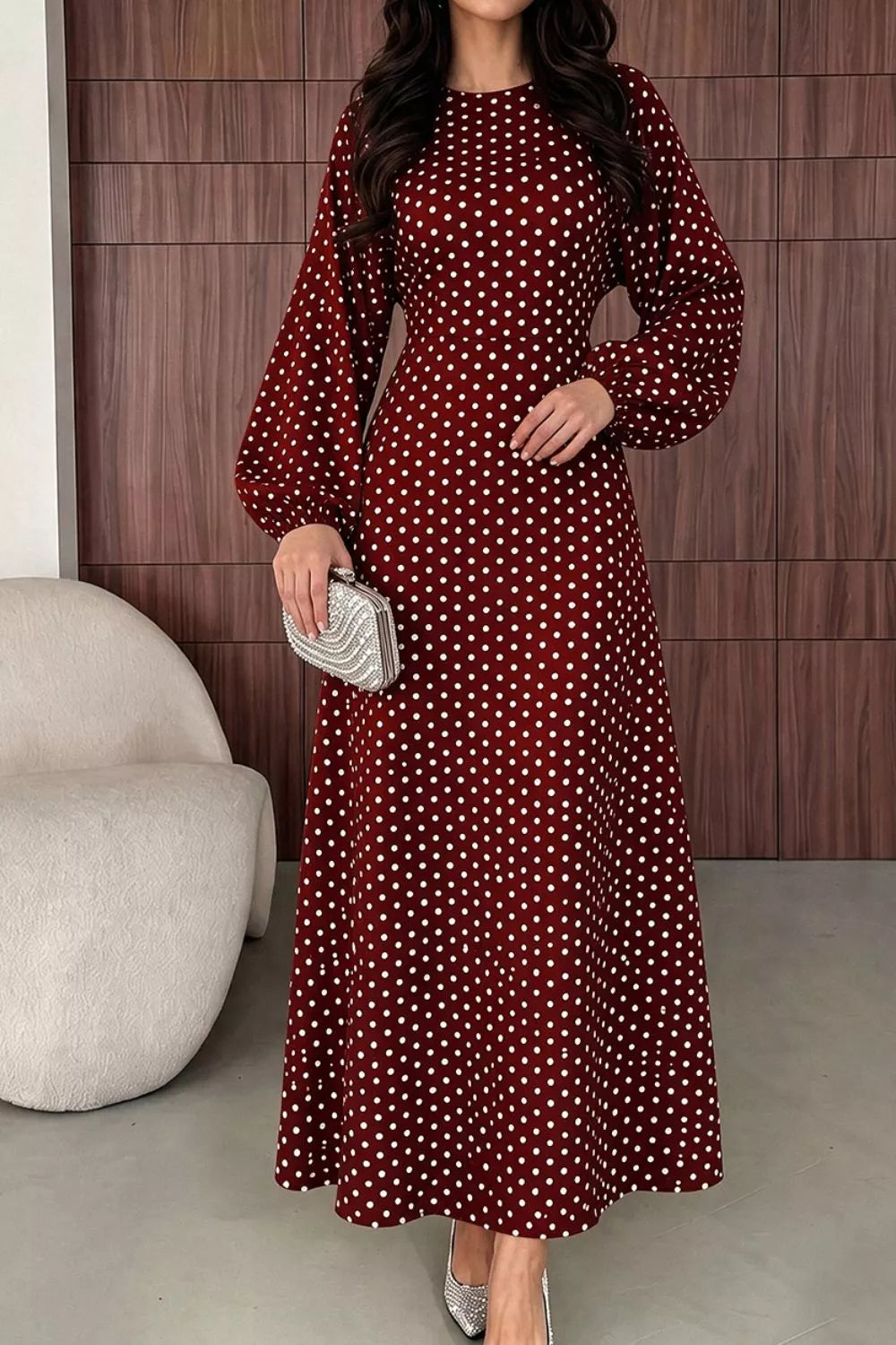 Women's Polka Dot Long Sleeve Maxi Dress