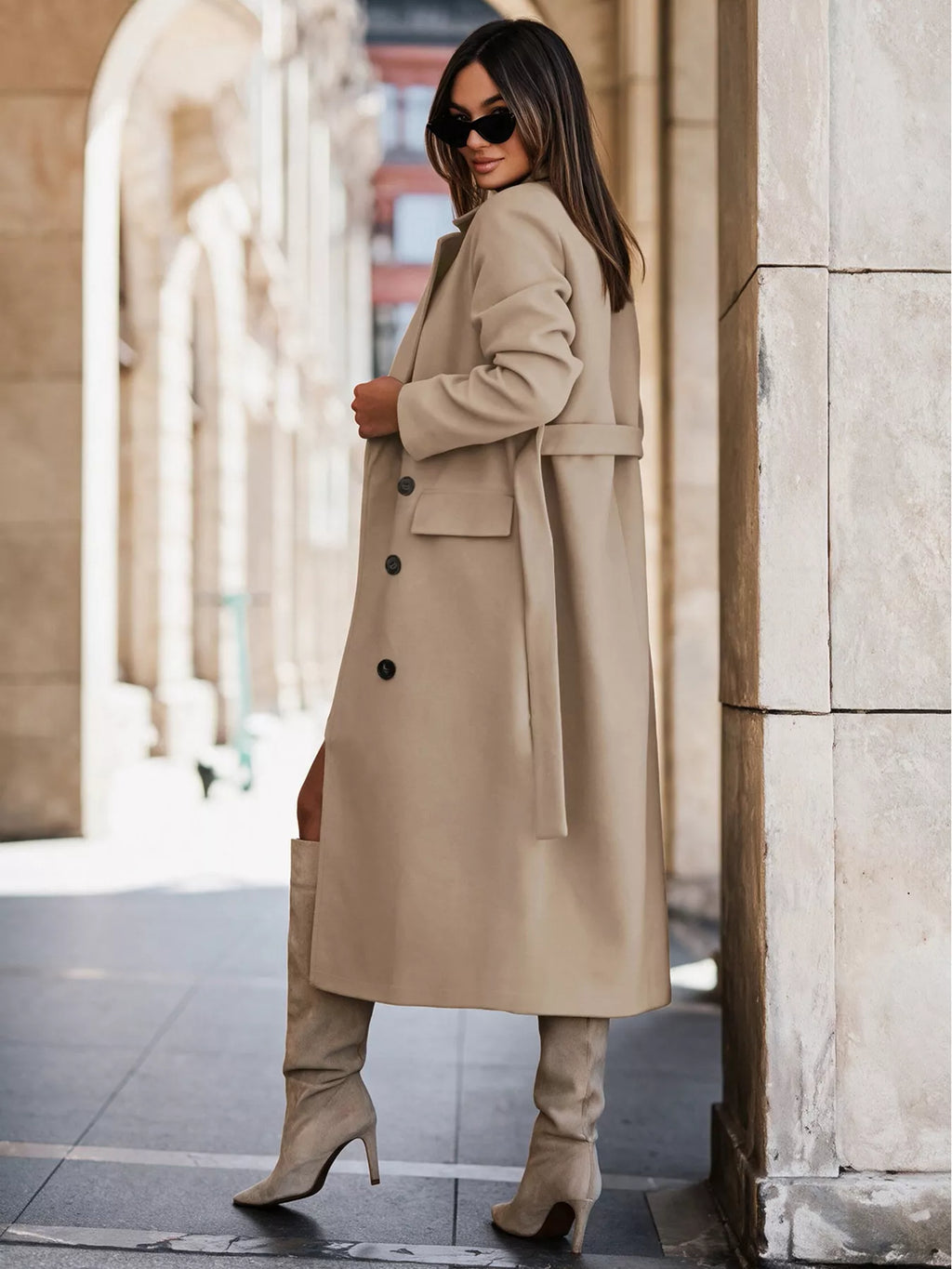 Women's Khaki Double-Breasted Lapel Collar Longline Coat - Khaki