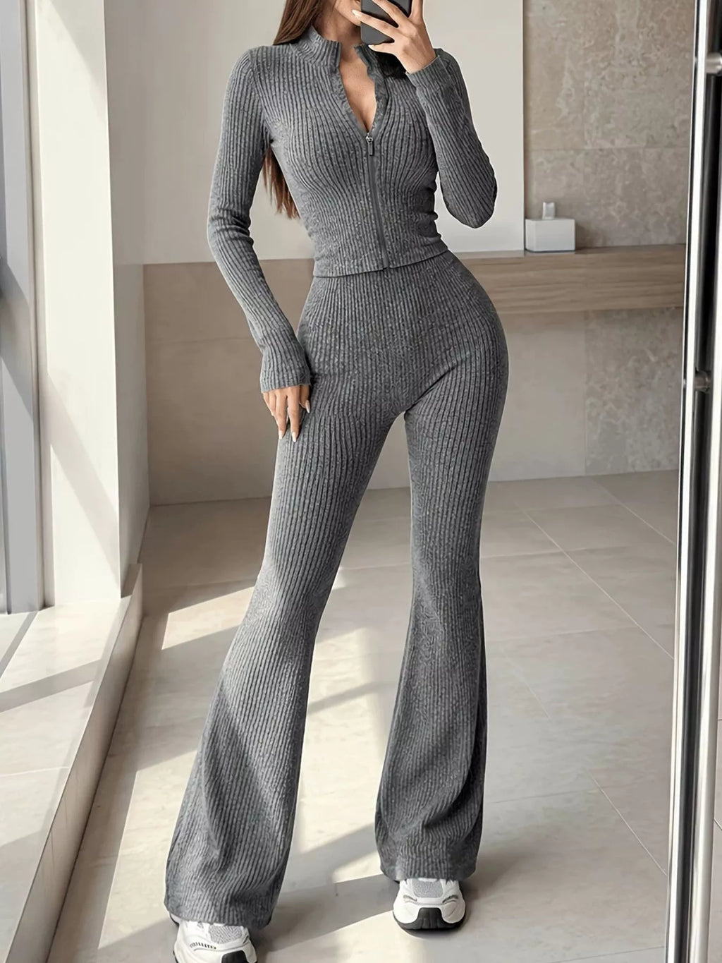 Women's Ribbed Zip-Up Cardigan and Pants Knit Set
