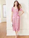 Women's Lace Button-Up Midi Dress - Pink
