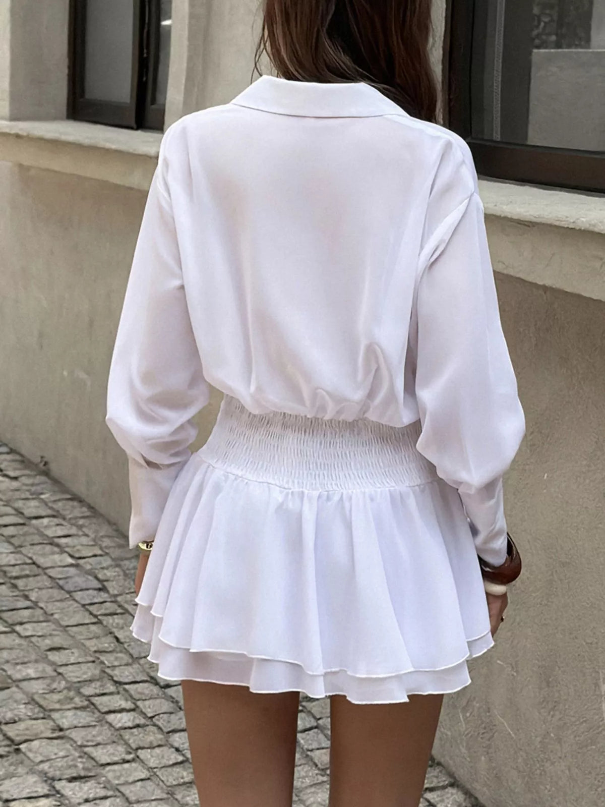 Women's White Ruched Waist Layered Ruffle Hem Shirt Dress - White