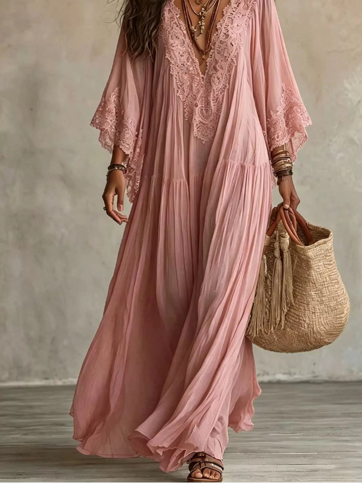 Women's Lace Trim V-Neck Maxi Dress