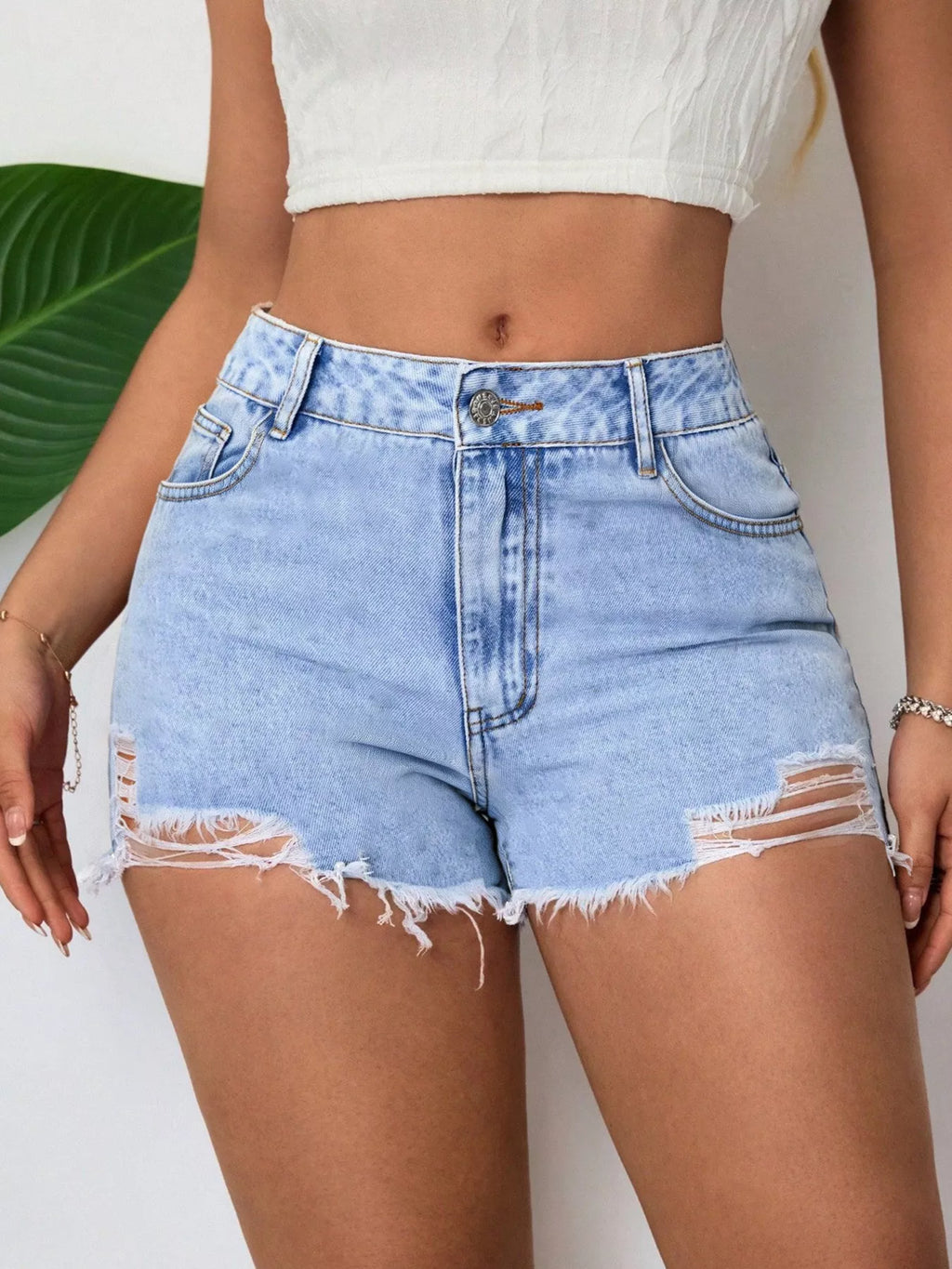 Women's Blue Distressed Raw Hem Denim Shorts - Blue