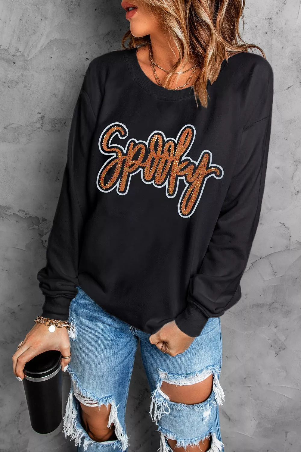 Spooky Rhinestone Drop Shoulder Sweatshirt
