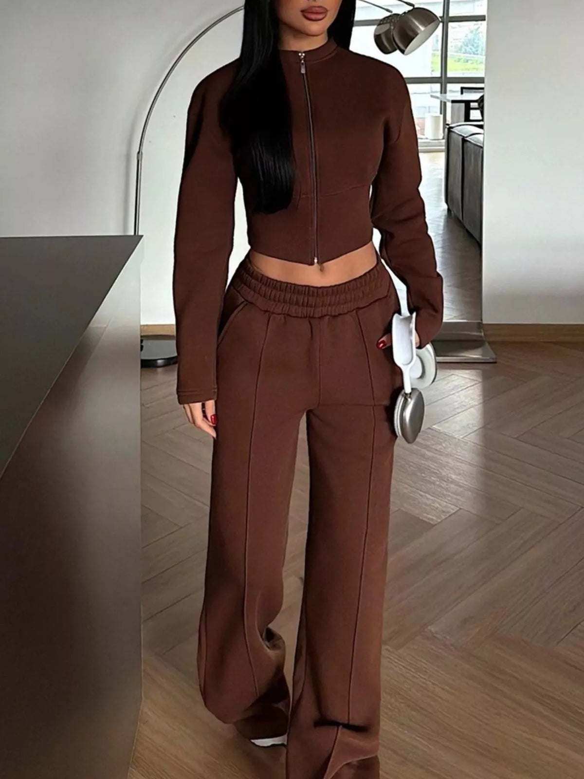 Women's Zip-Up Crop Jacket and Wide-Leg Pants Set