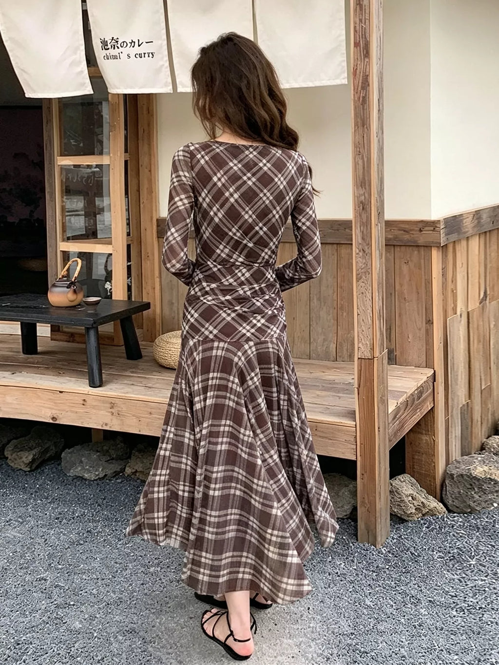 Women's Brown Plaid Long-Sleeve Slim-Fit Maxi Dress - Brown