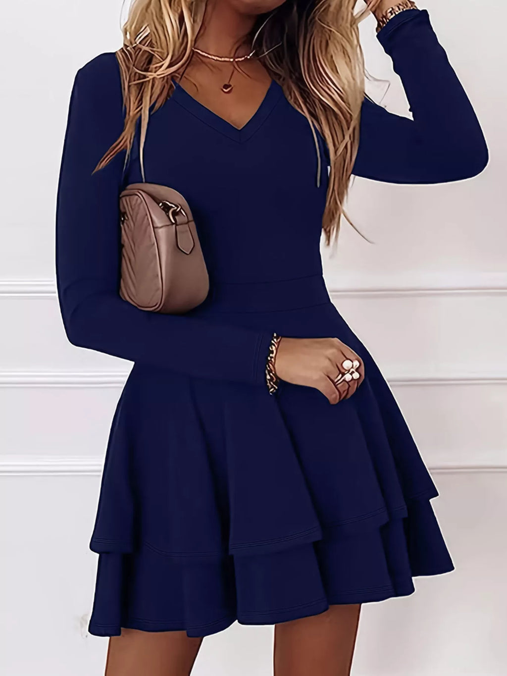 Women's V-Neck Long Sleeve Layered Ruffle Mini Dress