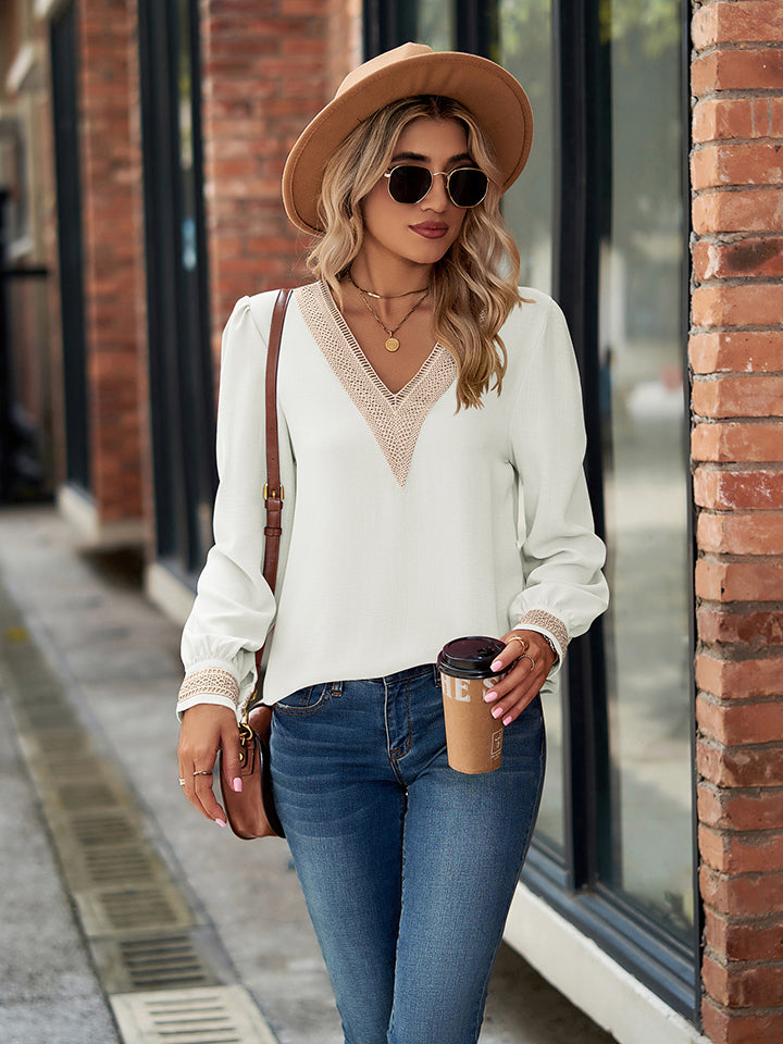 Women's V-Neck Long Sleeve Blouse - White