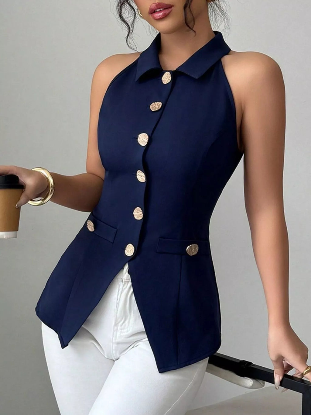 Women's Dark Blue Sleeveless Lapel Collar Button-Down Vest - Dark Blue