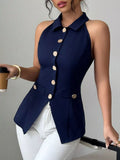 Women's Dark Blue Sleeveless Lapel Collar Button-Down Vest - Dark Blue