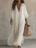 Women's Lace Trim V-Neck Maxi Dress - White