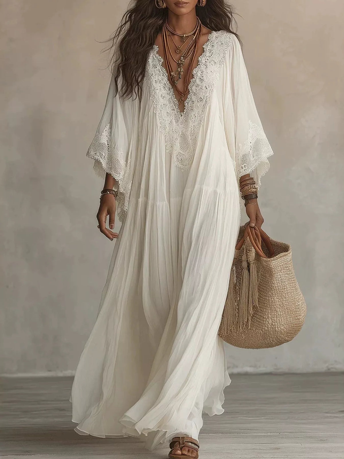 Women's Lace Trim V-Neck Maxi Dress - White