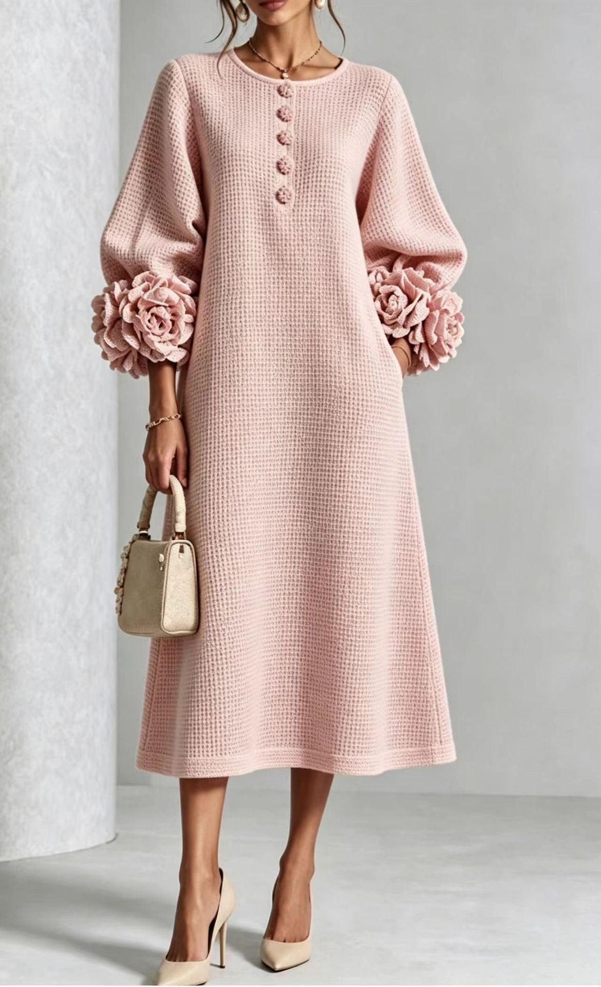 French-style Three-dimensional Floral Lantern-sleeve Cotton-linen Dress