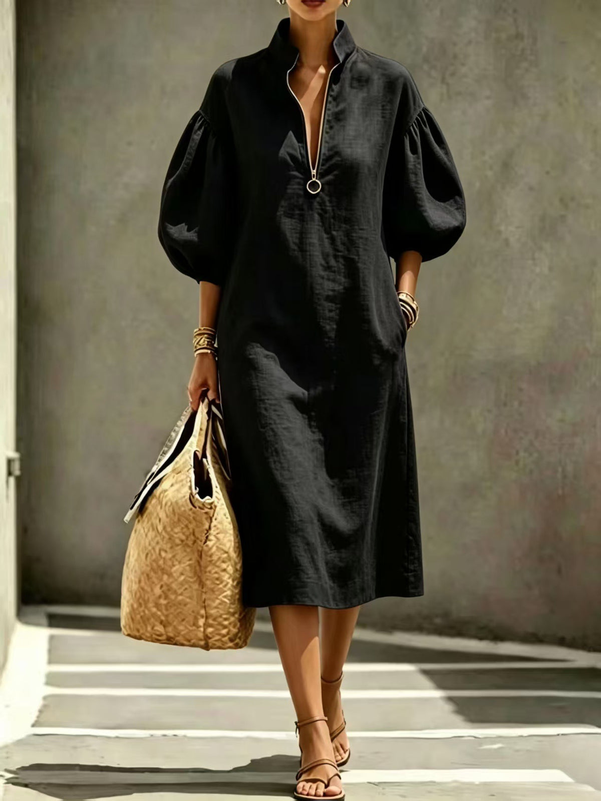 Summer New Women's Casual Loose Stand-Up Collar Puff Sleeve Half-Zip Women's Dress