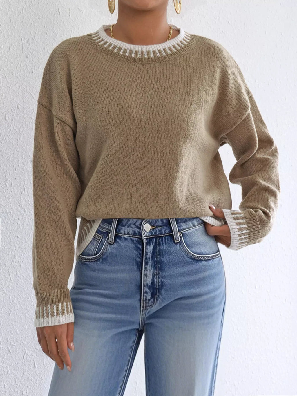 Women's Contrast Trim Crew Neck Drop Shoulder Sweater