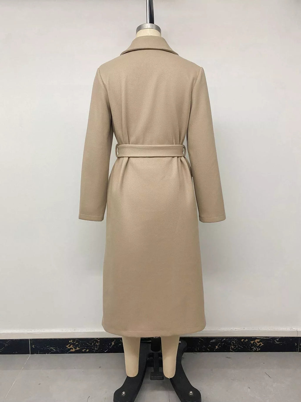 Women's Khaki Double-Breasted Lapel Collar Longline Coat - Khaki