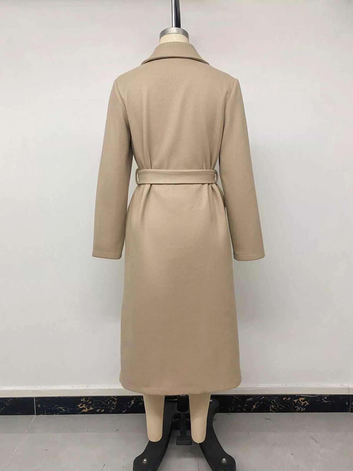 Women's Khaki Double-Breasted Lapel Collar Longline Coat - Khaki