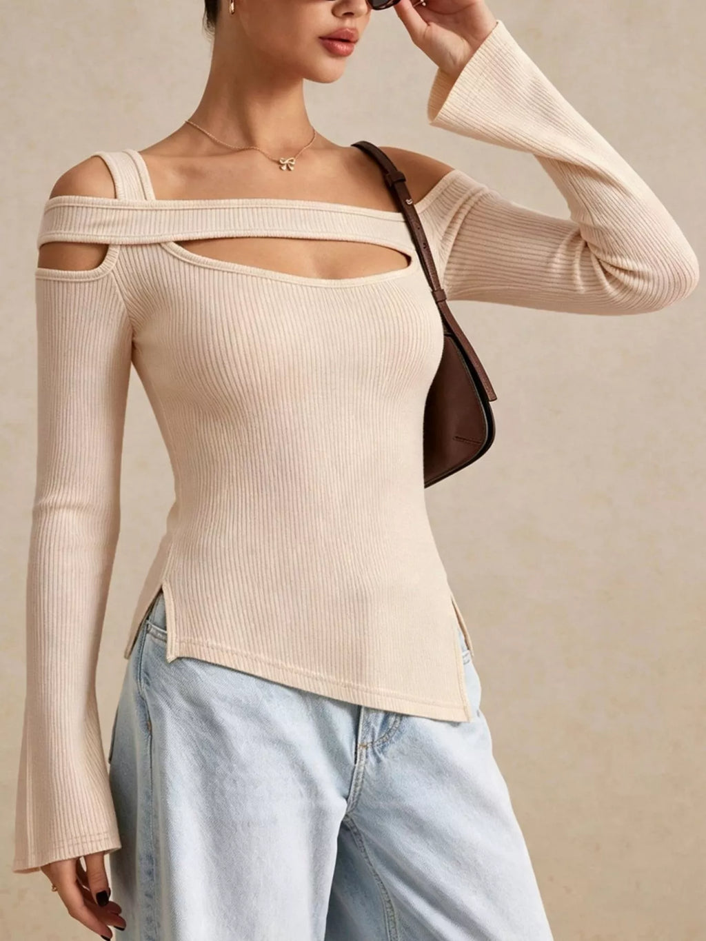 Women's Apricot Side Slit Cutout Ribbed Long Sleeve T-Shirt - Apricot