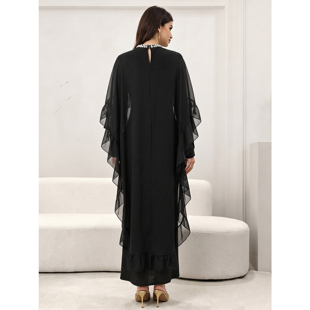 Female Nail Bead Half High Neck Mesh Ruffle Edge Dress