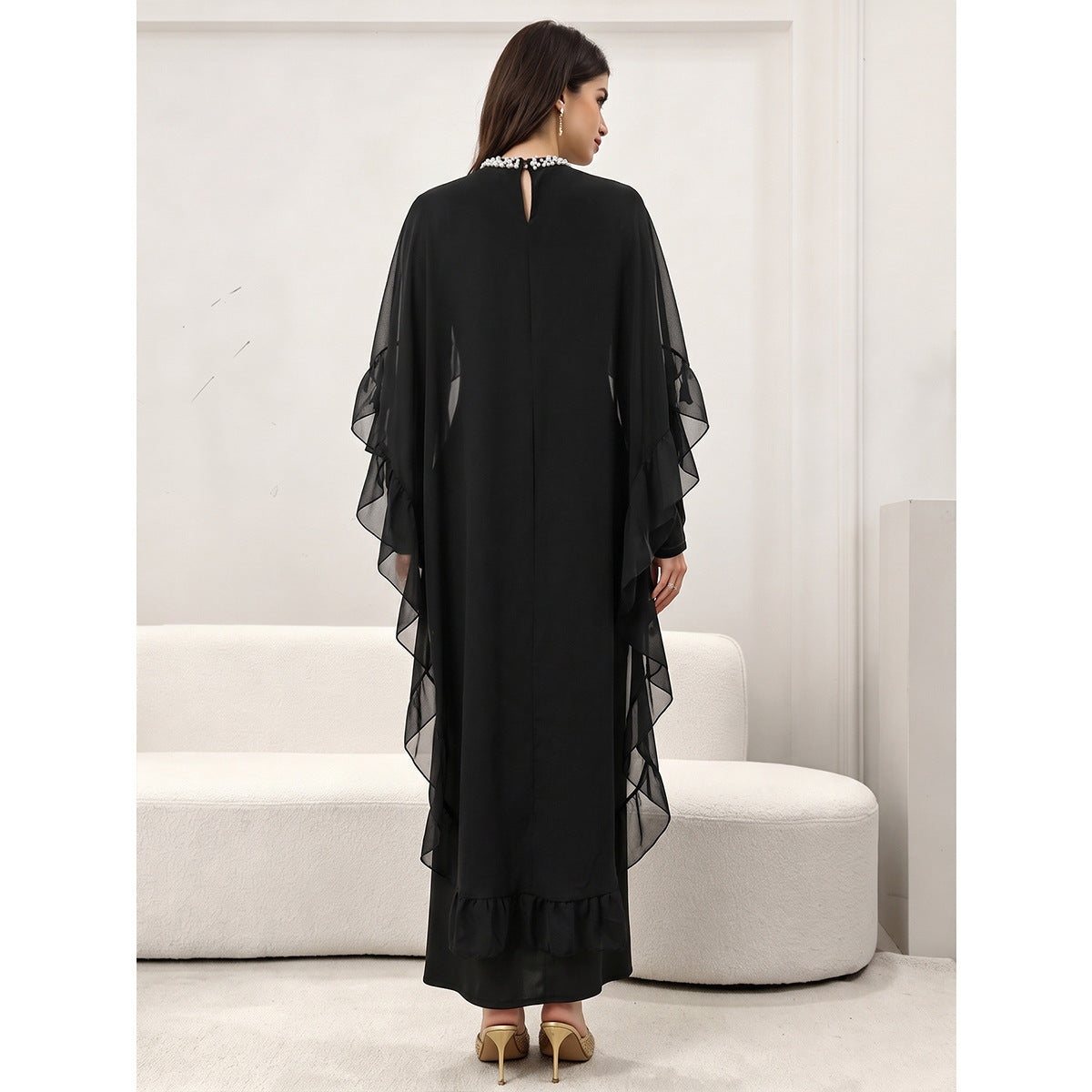 Female Nail Bead Half High Neck Mesh Ruffle Edge Dress