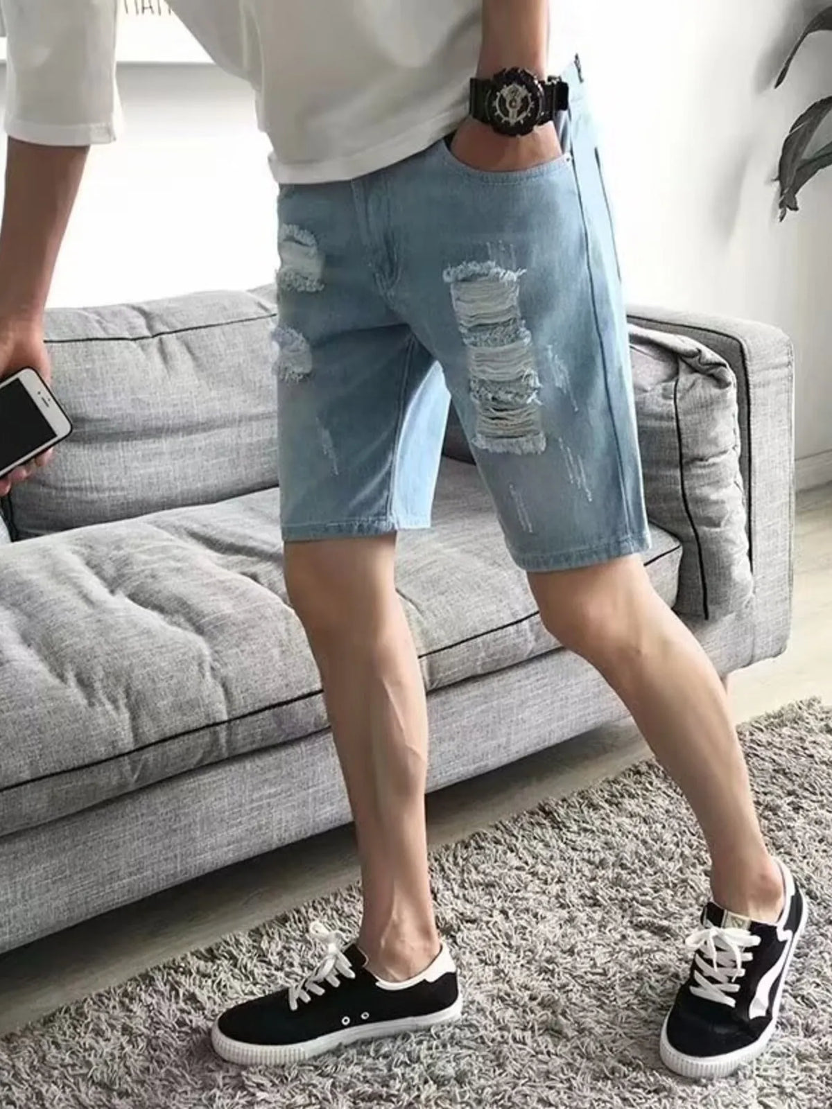 Men's Distressed Wash Denim Shorts