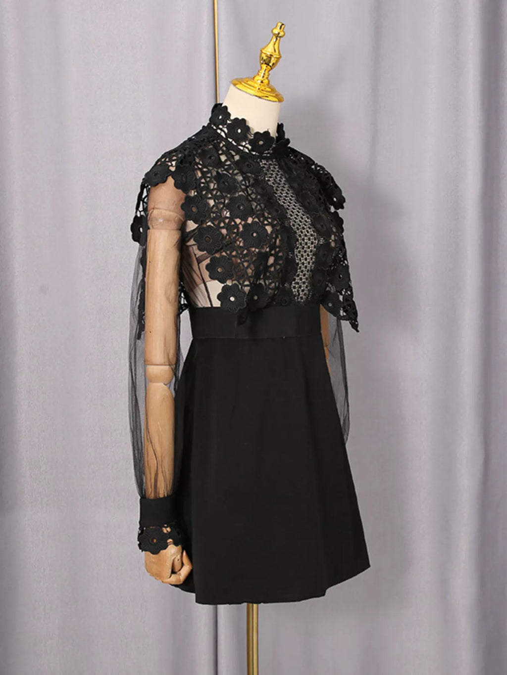 Women's Black Lace Sheer Sleeve Mini Dress - Black