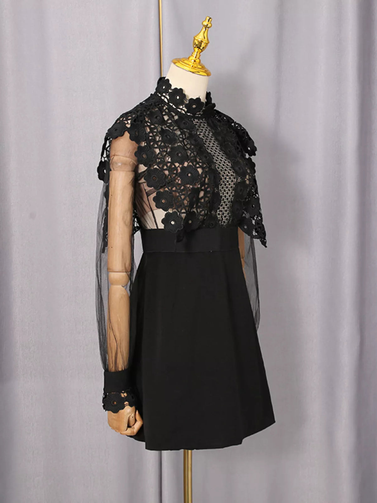 Women's Black Lace Sheer Sleeve Mini Dress - Black