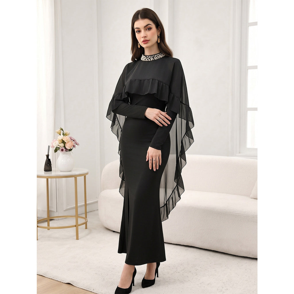 Female Nail Bead Half High Neck Mesh Ruffle Edge Dress